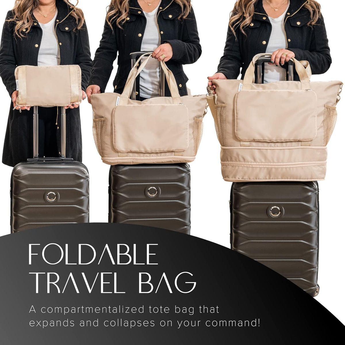 Large Travel Bag - Foldable & Expandable Carry-On Bag with Shoe Compartment, Water Bottle Pocket, Luggage Sleeve, Cosmetic Case