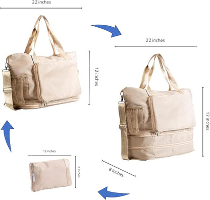Large Travel Bag - Foldable & Expandable Carry-On Bag with Shoe Compartment, Water Bottle Pocket, Luggage Sleeve, Cosmetic Case