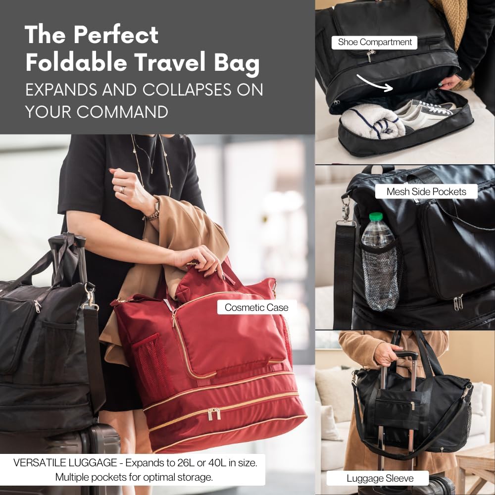 Large Travel Bag - Foldable & Expandable Carry-On Bag with Shoe Compartment, Water Bottle Pocket, Luggage Sleeve, Cosmetic Case
