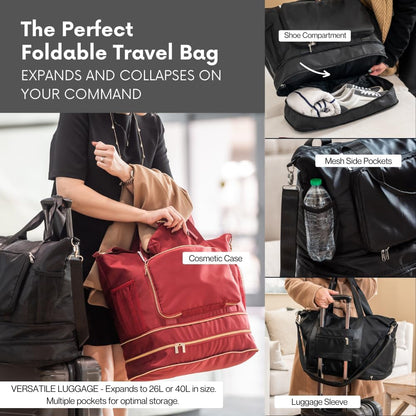 Large Travel Bag - Foldable & Expandable Carry-On Bag with Shoe Compartment, Water Bottle Pocket, Luggage Sleeve, Cosmetic Case