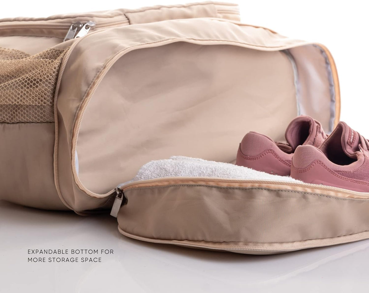 Large Travel Bag - Foldable & Expandable Carry-On Bag with Shoe Compartment, Water Bottle Pocket, Luggage Sleeve, Cosmetic Case