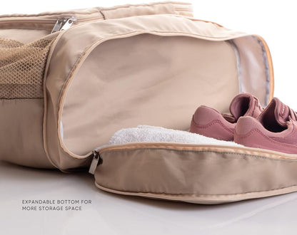 Large Travel Bag - Foldable & Expandable Carry-On Bag with Shoe Compartment, Water Bottle Pocket, Luggage Sleeve, Cosmetic Case