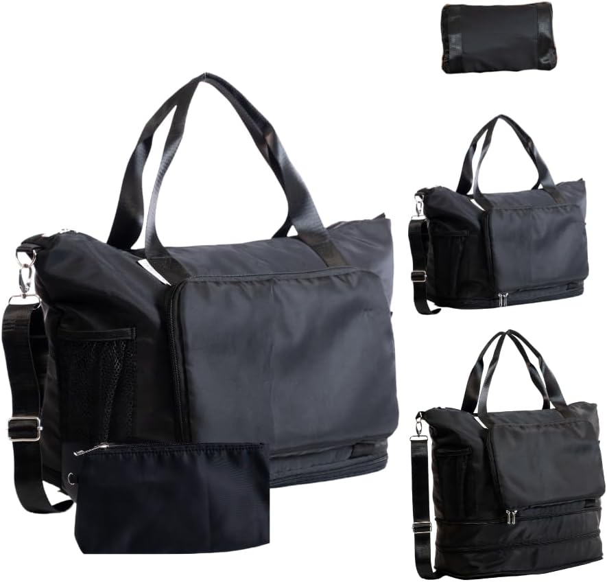 Large Travel Bag - Foldable & Expandable Carry-On Bag with Shoe Compartment, Water Bottle Pocket, Luggage Sleeve, Cosmetic Case