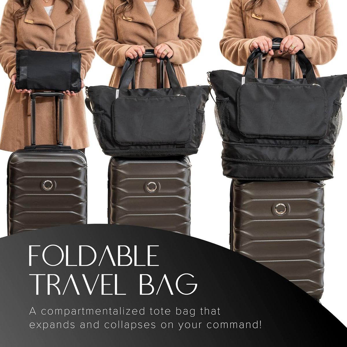 Large Travel Bag - Foldable & Expandable Carry-On Bag with Shoe Compartment, Water Bottle Pocket, Luggage Sleeve, Cosmetic Case