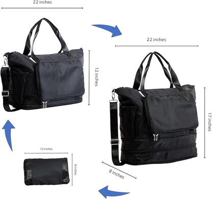 Large Travel Bag - Foldable & Expandable Carry-On Bag with Shoe Compartment, Water Bottle Pocket, Luggage Sleeve, Cosmetic Case