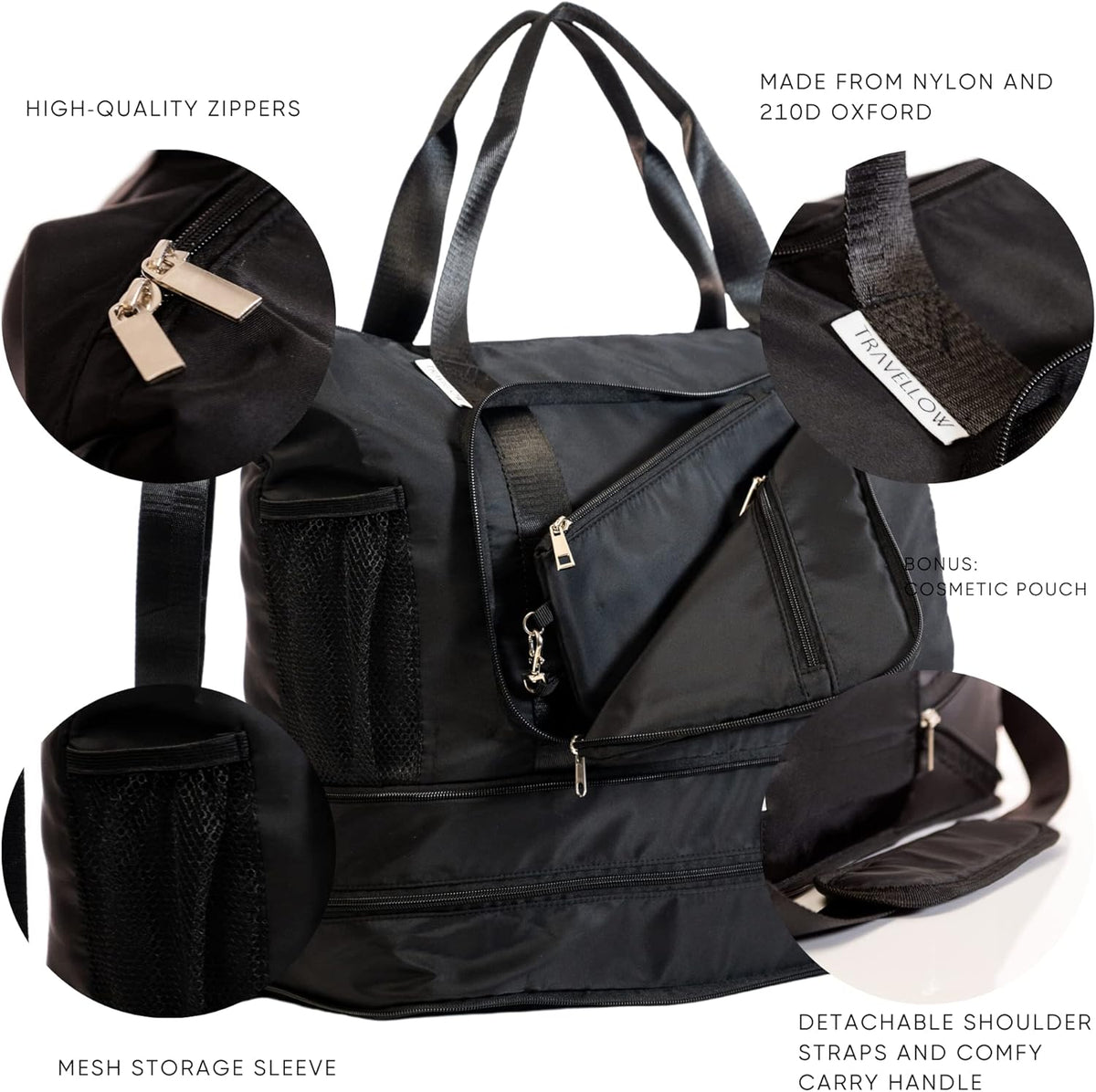 Large Travel Bag - Foldable & Expandable Carry-On Bag with Shoe Compartment, Water Bottle Pocket, Luggage Sleeve, Cosmetic Case