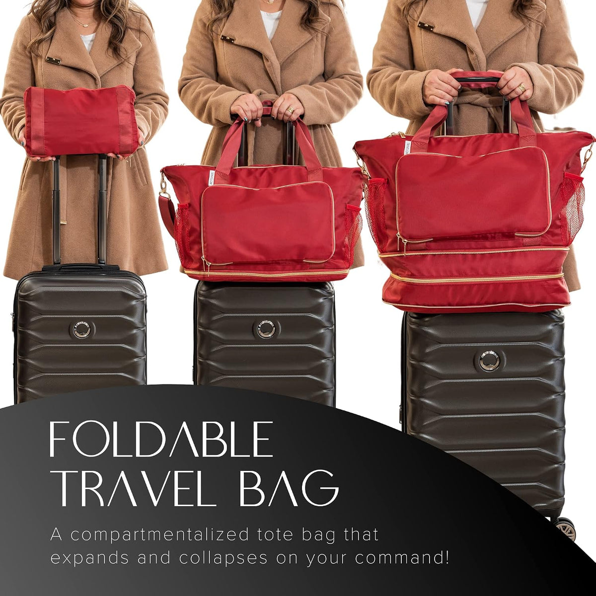 Large Travel Bag - Foldable & Expandable Carry-On Bag with Shoe Compartment, Water Bottle Pocket, Luggage Sleeve, Cosmetic Case