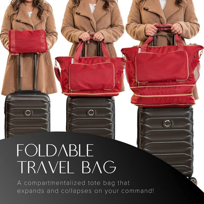 Large Travel Bag - Foldable & Expandable Carry-On Bag with Shoe Compartment, Water Bottle Pocket, Luggage Sleeve, Cosmetic Case