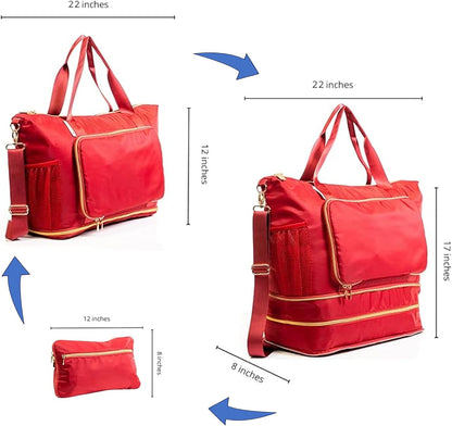 Large Travel Bag - Foldable & Expandable Carry-On Bag with Shoe Compartment, Water Bottle Pocket, Luggage Sleeve, Cosmetic Case