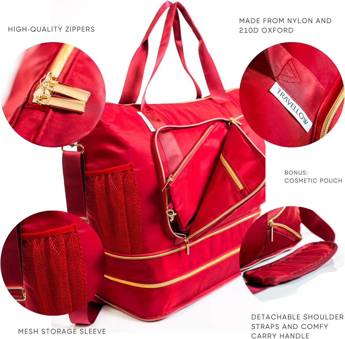 Large Travel Bag - Foldable & Expandable Carry-On Bag with Shoe Compartment, Water Bottle Pocket, Luggage Sleeve, Cosmetic Case