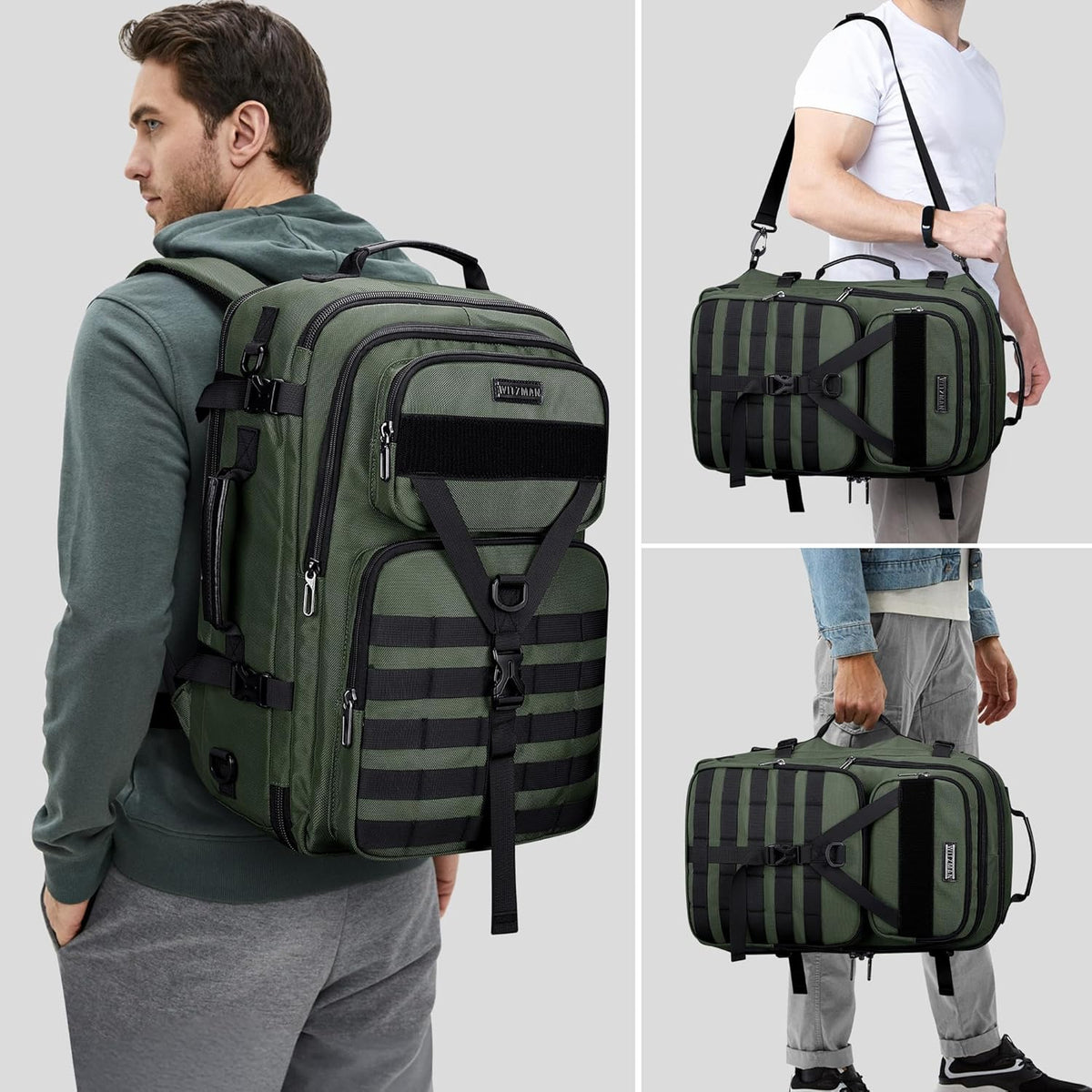 Travel Backpack for Men 45L Convertible Bag Fits 17" Laptop | Large Nylon Carry on Luggage Bag, 3 in 1 Laptop Backpack Airline Approved, For Weekend Getaway, Overnight Trip, B688 Green