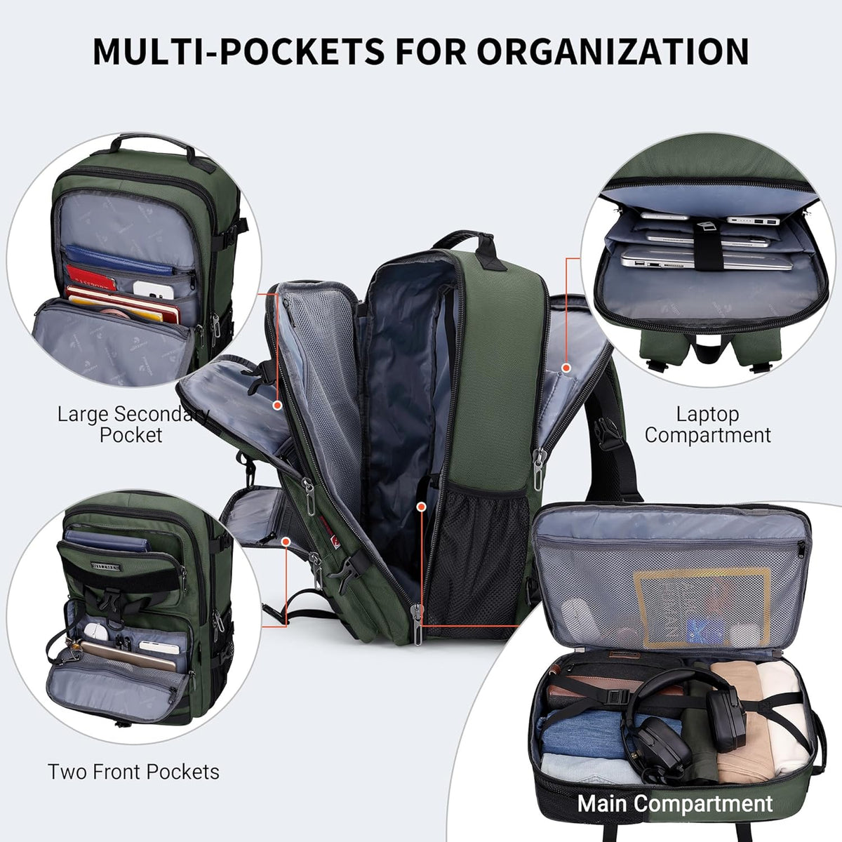 Travel Backpack for Men 45L Convertible Bag Fits 17" Laptop | Large Nylon Carry on Luggage Bag, 3 in 1 Laptop Backpack Airline Approved, For Weekend Getaway, Overnight Trip, B688 Green