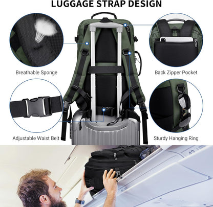 Travel Backpack for Men 45L Convertible Bag Fits 17" Laptop | Large Nylon Carry on Luggage Bag, 3 in 1 Laptop Backpack Airline Approved, For Weekend Getaway, Overnight Trip, B688 Green