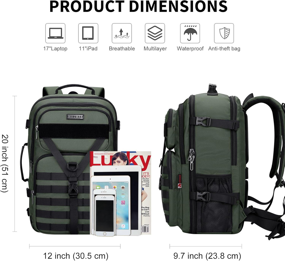 Travel Backpack for Men 45L Convertible Bag Fits 17" Laptop | Large Nylon Carry on Luggage Bag, 3 in 1 Laptop Backpack Airline Approved, For Weekend Getaway, Overnight Trip, B688 Green