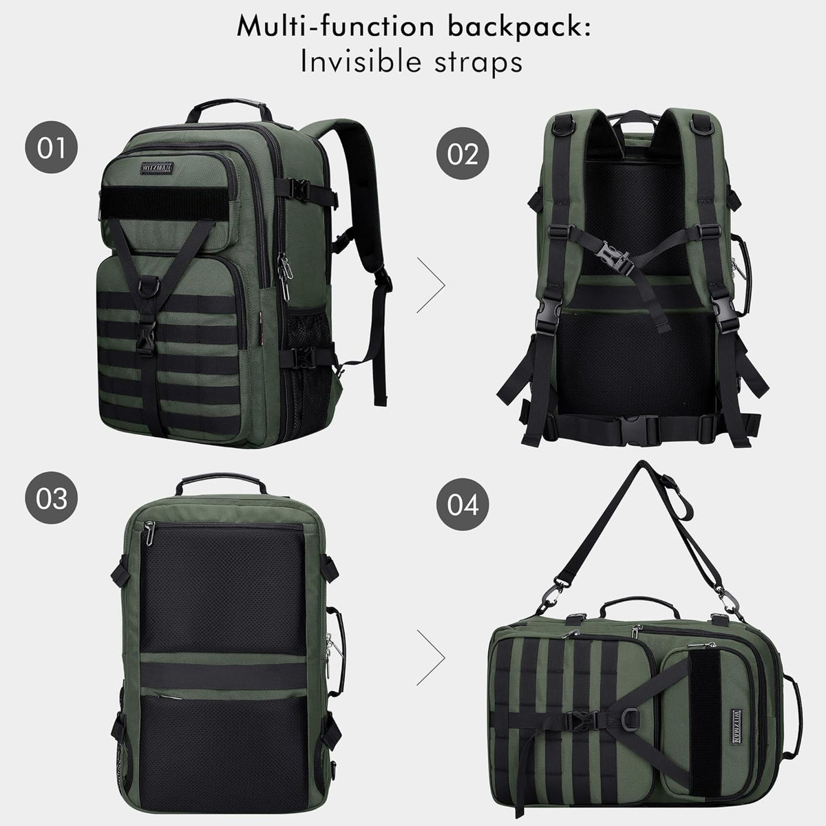 Travel Backpack for Men 45L Convertible Bag Fits 17" Laptop | Large Nylon Carry on Luggage Bag, 3 in 1 Laptop Backpack Airline Approved, For Weekend Getaway, Overnight Trip, B688 Green