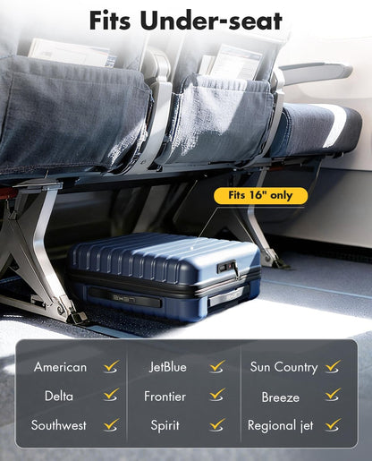 16 Inch Underseat Carry On Luggage Airline Approved, Hard Shell Suitcase with TSA Lock, Lightweight Spinner Wheels Durable ABS Compact Carry-On for Travel Weekend Trips Men Women, Blue