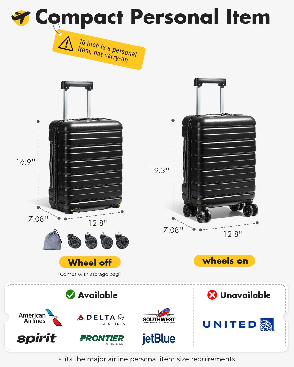 16 Inch Underseat Carry On Luggage Airline Approved, Hard Shell Suitcase with TSA Lock, Lightweight Spinner Wheels Durable ABS Compact Carry-On for Travel Weekend Trips Men Women, Blue