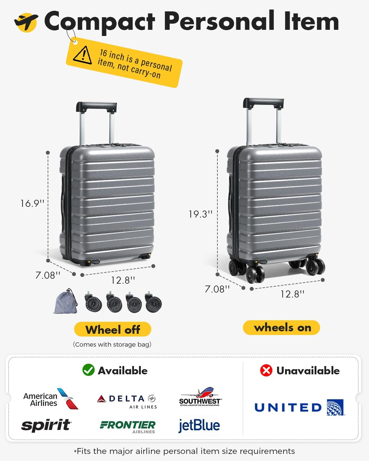 16 Inch Underseat Carry On Luggage Airline Approved, Hard Shell Suitcase with TSA Lock, Lightweight Spinner Wheels Durable ABS Compact Carry-On for Travel Weekend Trips Men Women, Blue