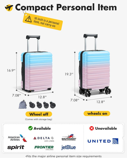 16 Inch Underseat Carry On Luggage Airline Approved, Hard Shell Suitcase with TSA Lock, Lightweight Spinner Wheels Durable ABS Compact Carry-On for Travel Weekend Trips Men Women, Blue