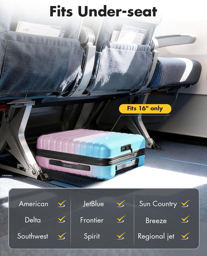 16 Inch Underseat Carry On Luggage Airline Approved, Hard Shell Suitcase with TSA Lock, Lightweight Spinner Wheels Durable ABS Compact Carry-On for Travel Weekend Trips Men Women, Blue