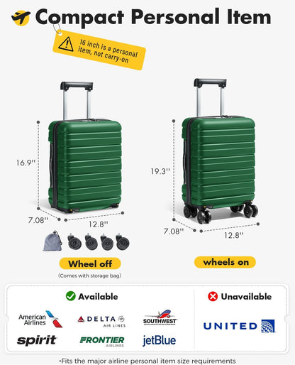 16 Inch Underseat Carry On Luggage Airline Approved, Hard Shell Suitcase with TSA Lock, Lightweight Spinner Wheels Durable ABS Compact Carry-On for Travel Weekend Trips Men Women, Blue