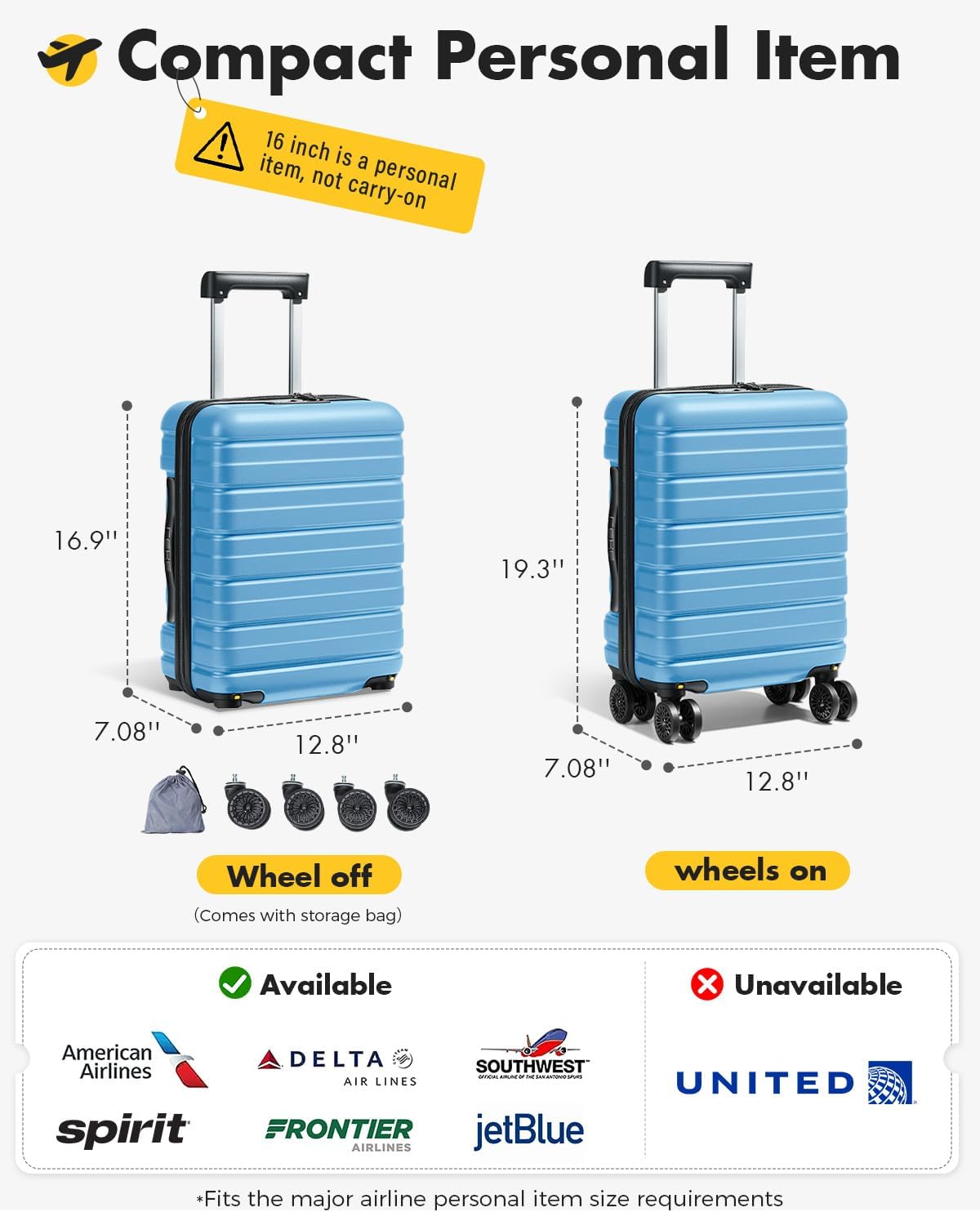 16 Inch Underseat Carry On Luggage Airline Approved, Hard Shell Suitcase with TSA Lock, Lightweight Spinner Wheels Durable ABS Compact Carry-On for Travel Weekend Trips Men Women, Blue