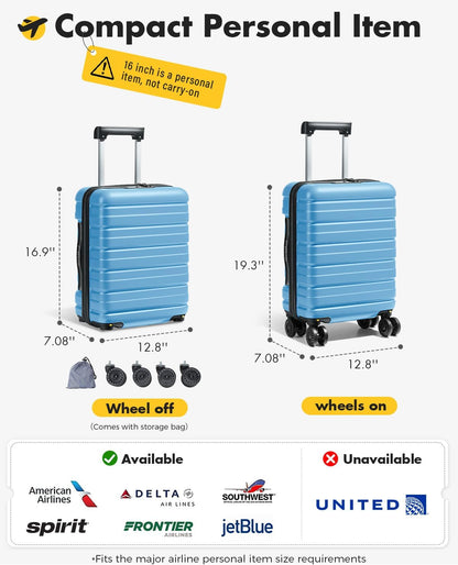 16 Inch Underseat Carry On Luggage Airline Approved, Hard Shell Suitcase with TSA Lock, Lightweight Spinner Wheels Durable ABS Compact Carry-On for Travel Weekend Trips Men Women, Blue