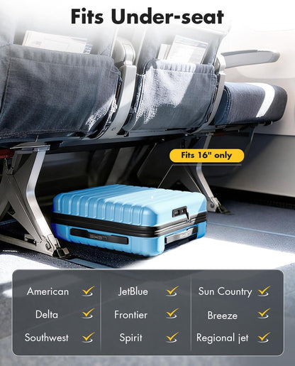 16 Inch Underseat Carry On Luggage Airline Approved, Hard Shell Suitcase with TSA Lock, Lightweight Spinner Wheels Durable ABS Compact Carry-On for Travel Weekend Trips Men Women, Blue