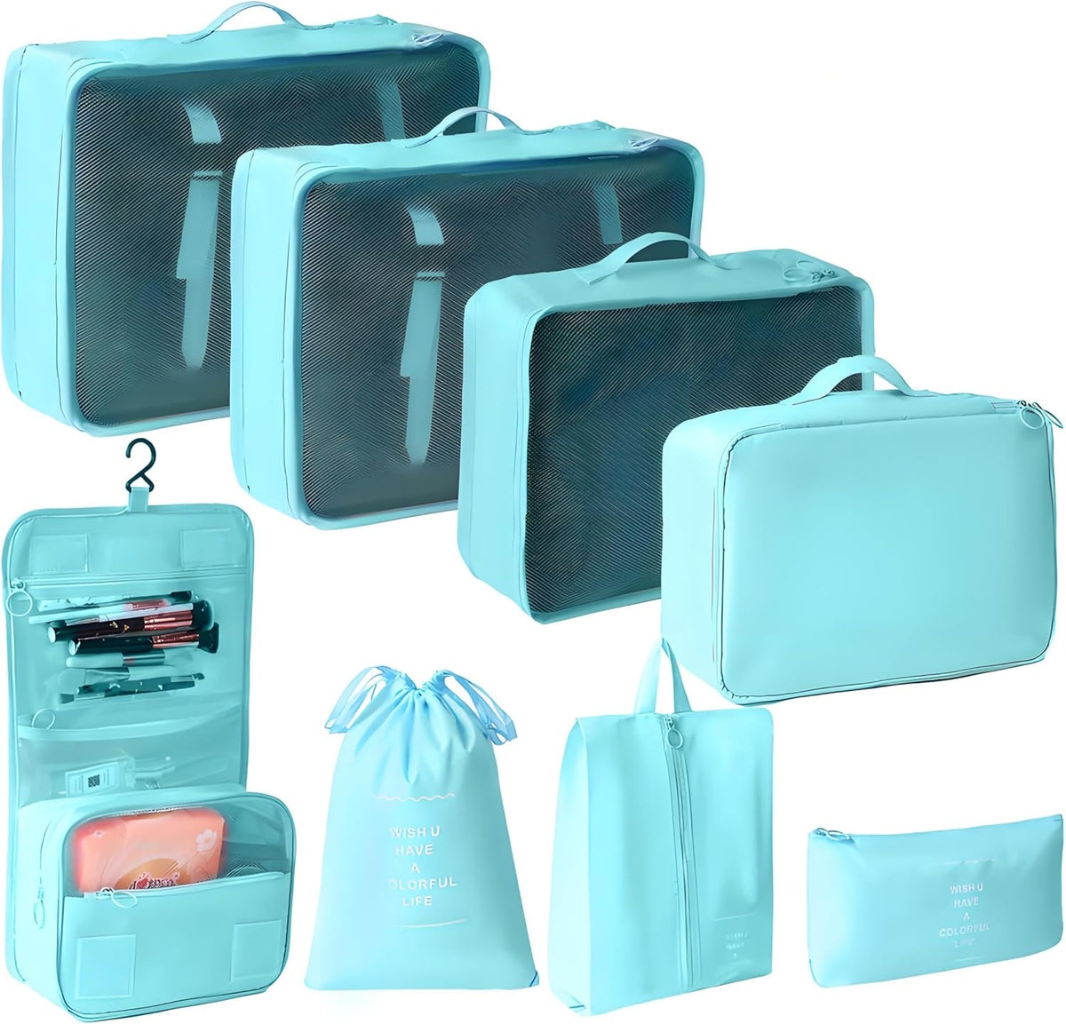 8 Pcs Travel Packing Cubes Set, Luggage Organizer Bags with Hanging Toiletry Bag, Shoe Bag & Drawstring Pouch, Lightweight Suitcase Storage Organizers for Clothes, Cosmetics .(Bright Blue, Medium)