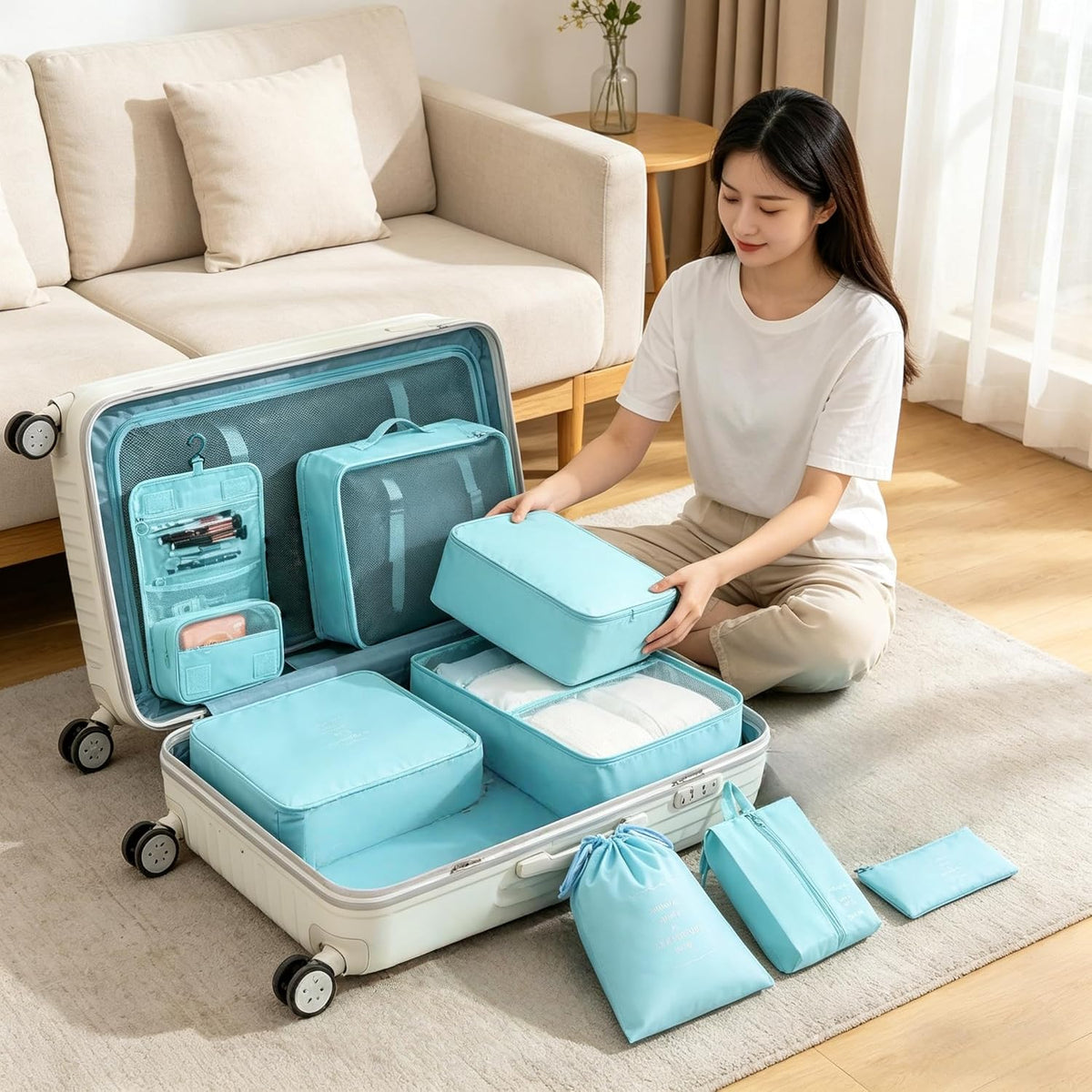 8 Pcs Travel Packing Cubes Set, Luggage Organizer Bags with Hanging Toiletry Bag, Shoe Bag & Drawstring Pouch, Lightweight Suitcase Storage Organizers for Clothes, Cosmetics .(Bright Blue, Medium)
