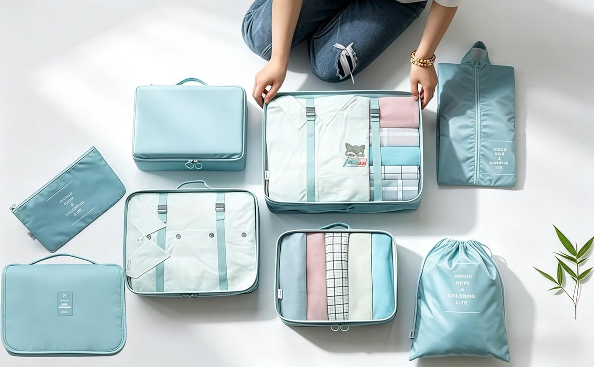 8 Pcs Travel Packing Cubes Set, Luggage Organizer Bags with Hanging Toiletry Bag, Shoe Bag & Drawstring Pouch, Lightweight Suitcase Storage Organizers for Clothes, Cosmetics .(Bright Blue, Medium)