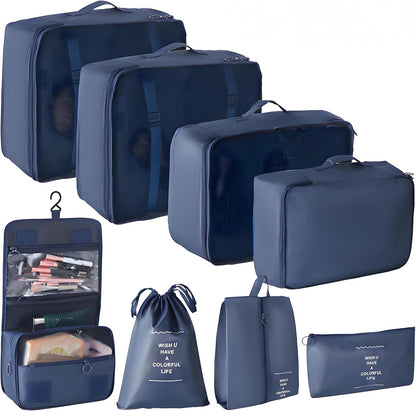 8 Pcs Travel Packing Cubes Set, Luggage Organizer Bags with Hanging Toiletry Bag, Shoe Bag & Drawstring Pouch, Lightweight Suitcase Storage Organizers for Clothes, Cosmetics .(Bright Blue, Medium)