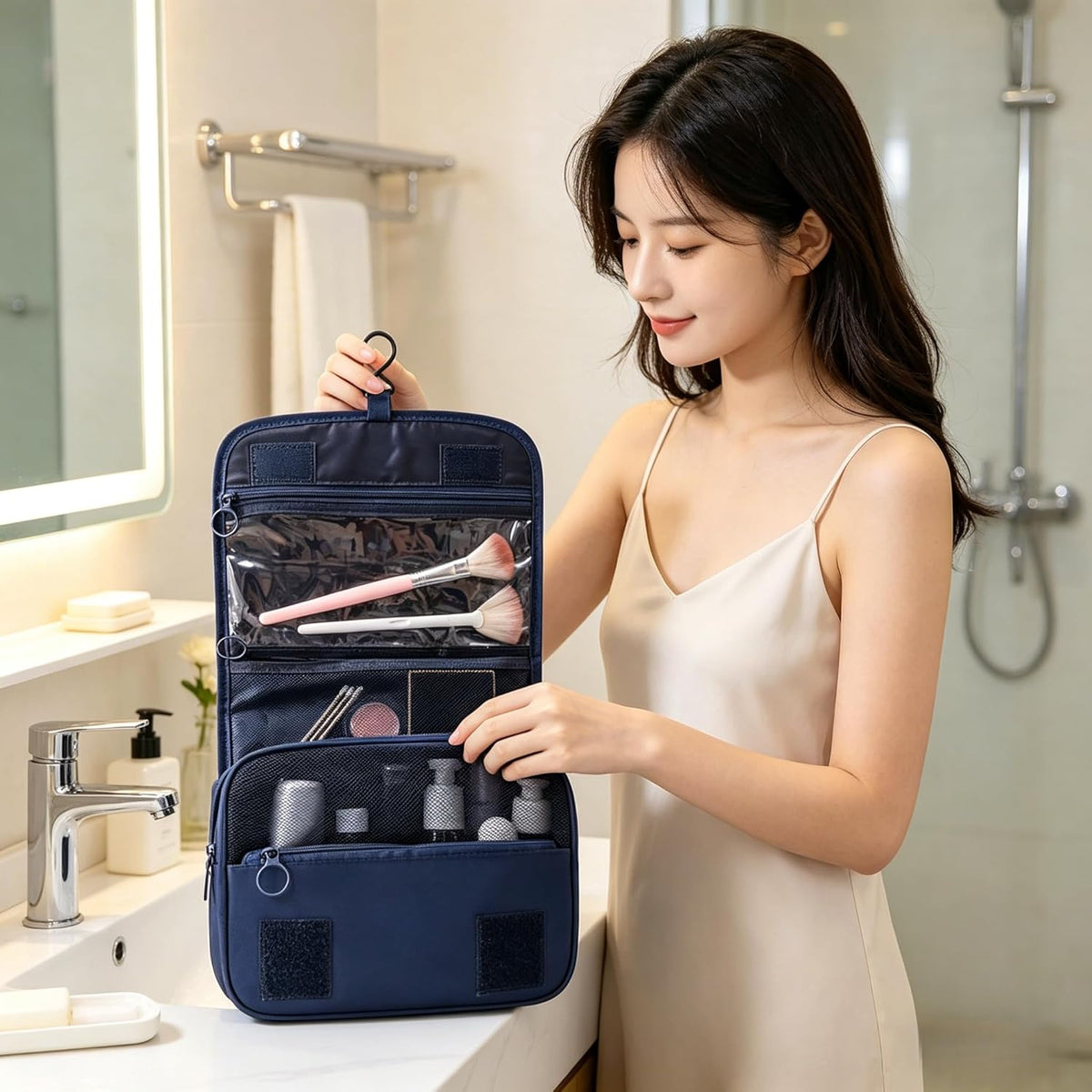 8 Pcs Travel Packing Cubes Set, Luggage Organizer Bags with Hanging Toiletry Bag, Shoe Bag & Drawstring Pouch, Lightweight Suitcase Storage Organizers for Clothes, Cosmetics .(Bright Blue, Medium)