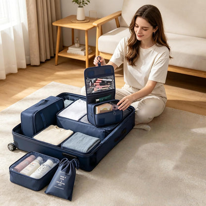 8 Pcs Travel Packing Cubes Set, Luggage Organizer Bags with Hanging Toiletry Bag, Shoe Bag & Drawstring Pouch, Lightweight Suitcase Storage Organizers for Clothes, Cosmetics .(Bright Blue, Medium)