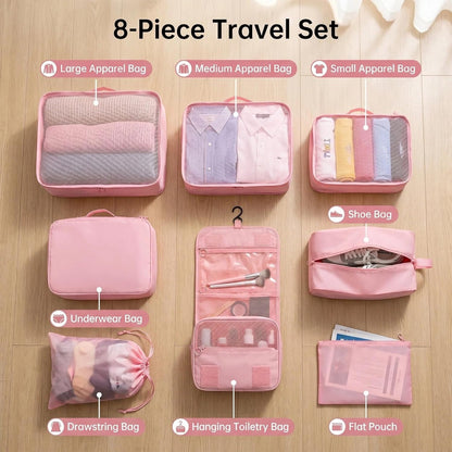 8 Pcs Travel Packing Cubes Set, Luggage Organizer Bags with Hanging Toiletry Bag, Shoe Bag & Drawstring Pouch, Lightweight Suitcase Storage Organizers for Clothes, Cosmetics .(Bright Blue, Medium)