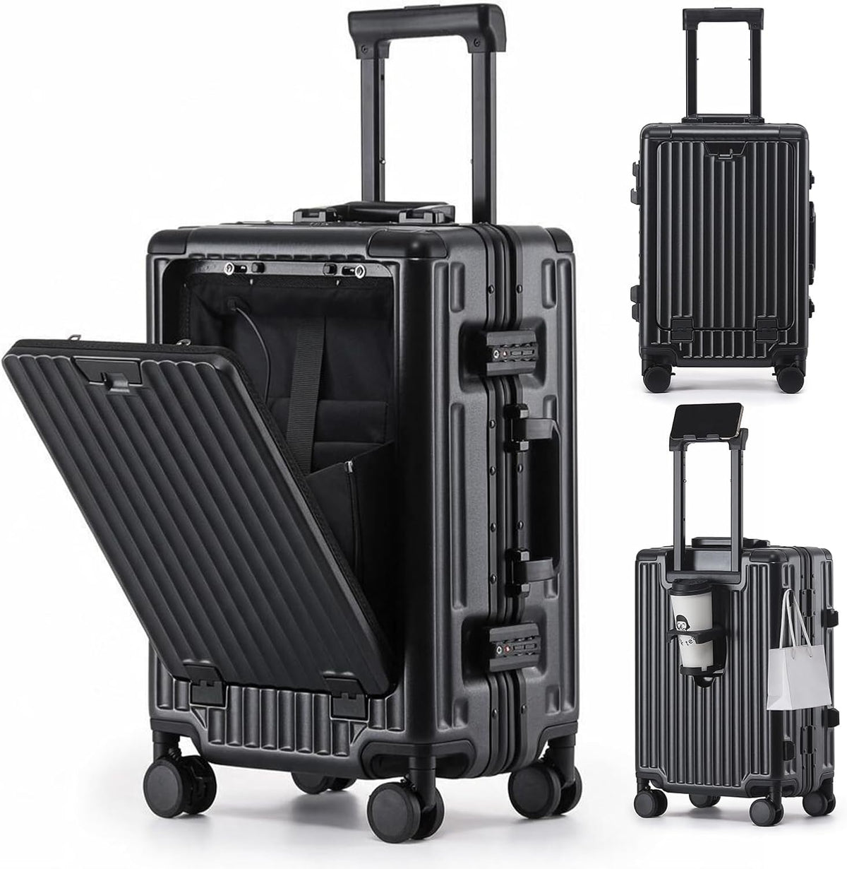 20 Inch Aluminium Frame Carry On 22x14x9 Airline Approved With compartment, Zipperless Hard Shell Travel Suitcase with TSA Approved Cup Holder USB Port Holder for Women Men,Grey