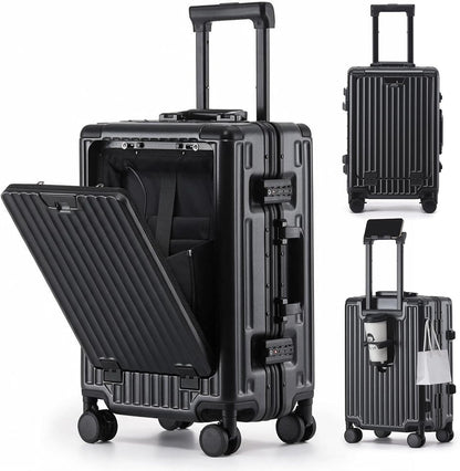 20 Inch Aluminium Frame Carry On 22x14x9 Airline Approved With compartment, Zipperless Hard Shell Travel Suitcase with TSA Approved Cup Holder USB Port Holder for Women Men,Grey