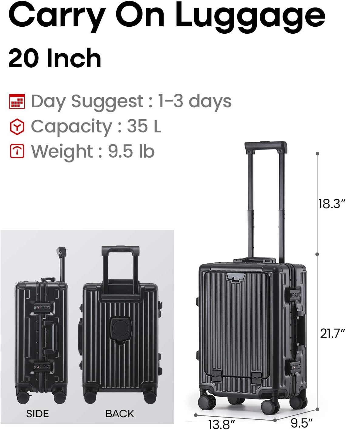 20 Inch Aluminium Frame Carry On 22x14x9 Airline Approved With compartment, Zipperless Hard Shell Travel Suitcase with TSA Approved Cup Holder USB Port Holder for Women Men,Grey