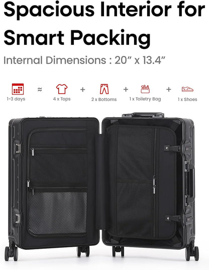 20 Inch Aluminium Frame Carry On 22x14x9 Airline Approved With compartment, Zipperless Hard Shell Travel Suitcase with TSA Approved Cup Holder USB Port Holder for Women Men,Grey