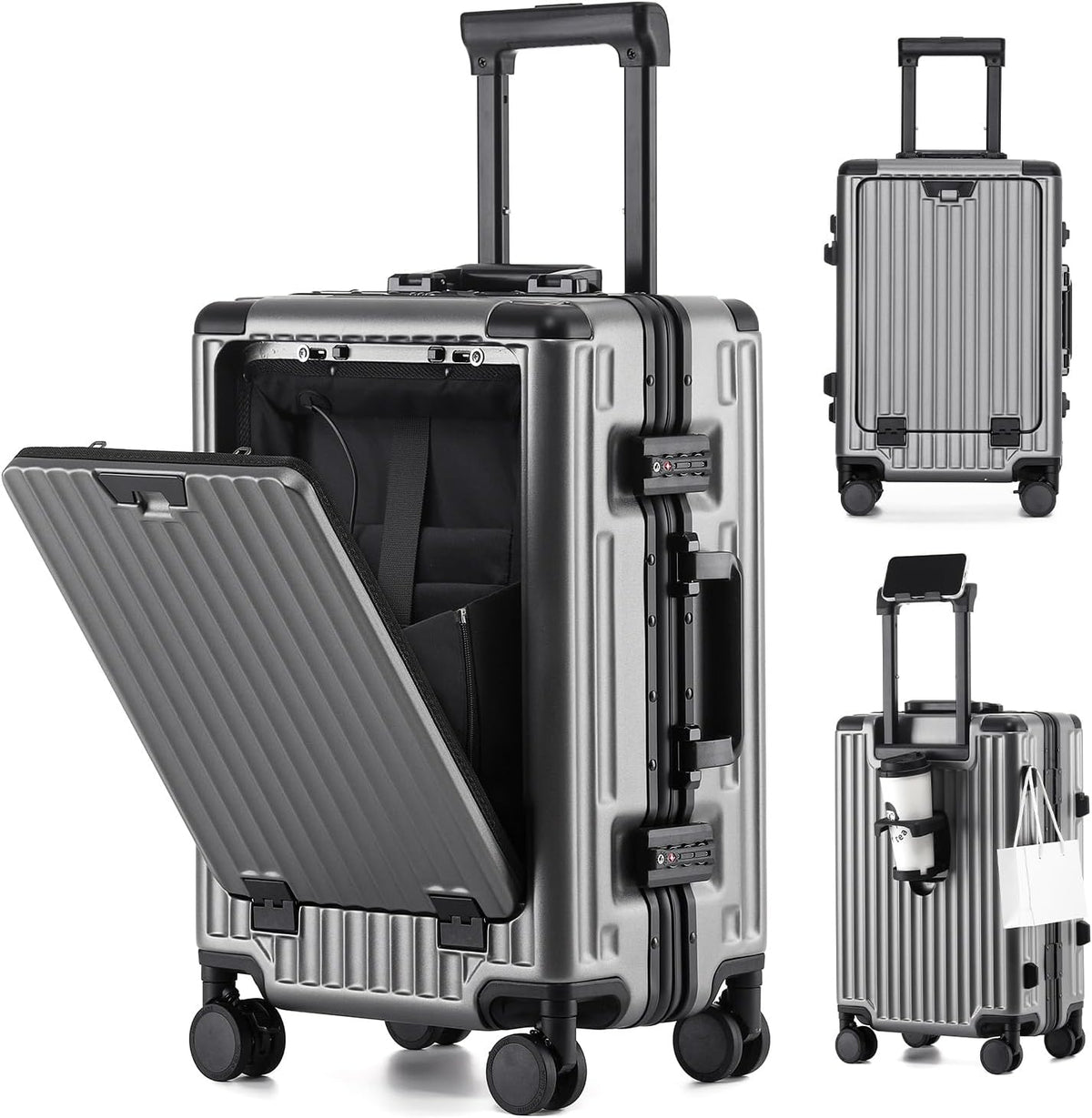 20 Inch Aluminium Frame Carry On 22x14x9 Airline Approved With compartment, Zipperless Hard Shell Travel Suitcase with TSA Approved Cup Holder USB Port Holder for Women Men,Grey