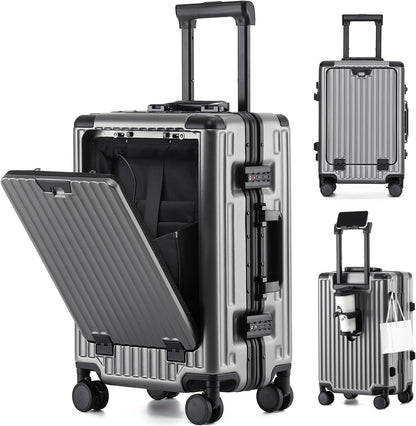 20 Inch Aluminium Frame Carry On 22x14x9 Airline Approved With compartment, Zipperless Hard Shell Travel Suitcase with TSA Approved Cup Holder USB Port Holder for Women Men,Grey