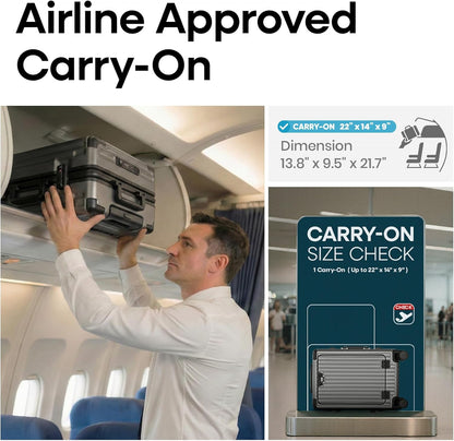 20 Inch Aluminium Frame Carry On 22x14x9 Airline Approved With compartment, Zipperless Hard Shell Travel Suitcase with TSA Approved Cup Holder USB Port Holder for Women Men,Grey