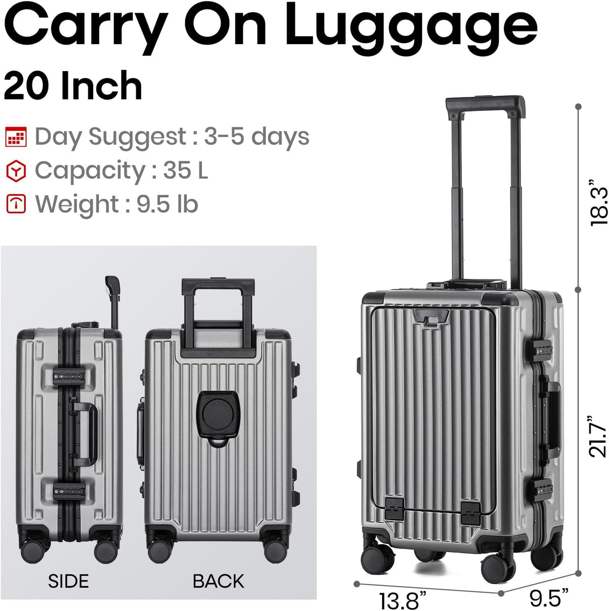 20 Inch Aluminium Frame Carry On 22x14x9 Airline Approved With compartment, Zipperless Hard Shell Travel Suitcase with TSA Approved Cup Holder USB Port Holder for Women Men,Grey