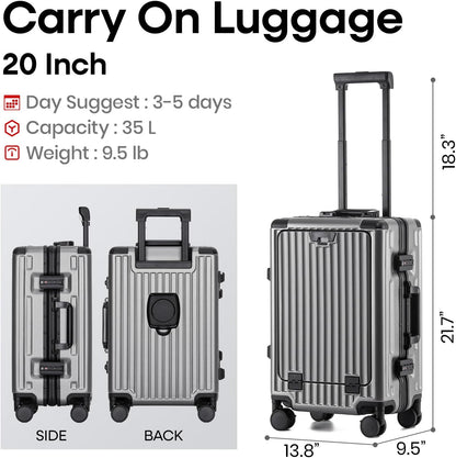 20 Inch Aluminium Frame Carry On 22x14x9 Airline Approved With compartment, Zipperless Hard Shell Travel Suitcase with TSA Approved Cup Holder USB Port Holder for Women Men,Grey