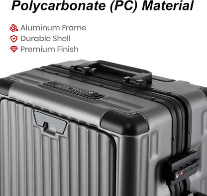 20 Inch Aluminium Frame Carry On 22x14x9 Airline Approved With compartment, Zipperless Hard Shell Travel Suitcase with TSA Approved Cup Holder USB Port Holder for Women Men,Grey