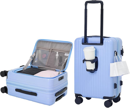 20 Inch Aluminium Frame Carry On 22x14x9 Airline Approved With compartment, Zipperless Hard Shell Travel Suitcase with TSA Approved Cup Holder USB Port Holder for Women Men,Grey