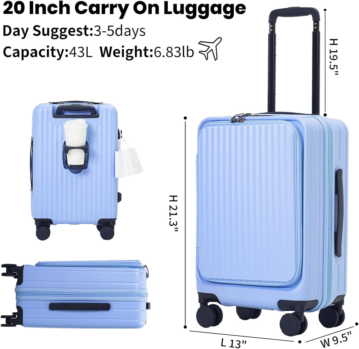 20 Inch Aluminium Frame Carry On 22x14x9 Airline Approved With compartment, Zipperless Hard Shell Travel Suitcase with TSA Approved Cup Holder USB Port Holder for Women Men,Grey