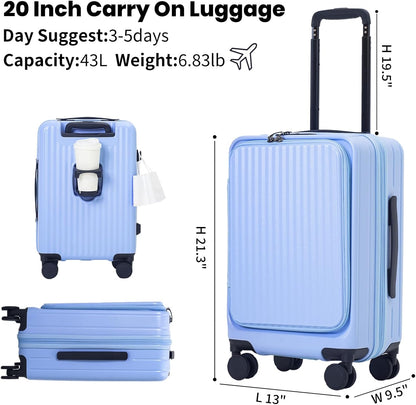 20 Inch Aluminium Frame Carry On 22x14x9 Airline Approved With compartment, Zipperless Hard Shell Travel Suitcase with TSA Approved Cup Holder USB Port Holder for Women Men,Grey