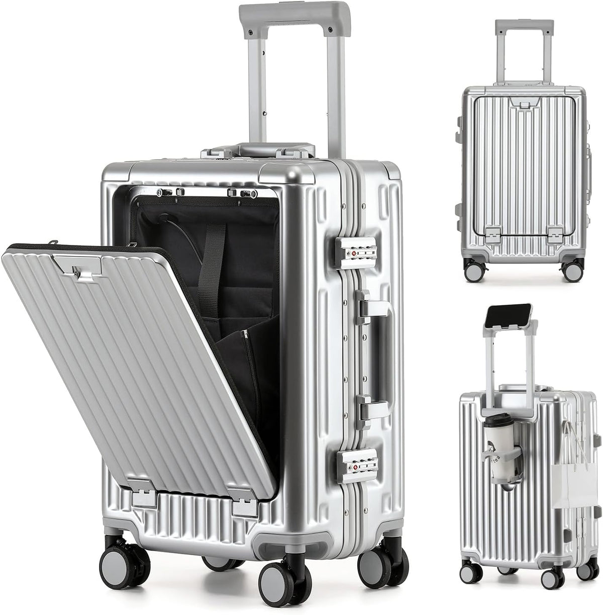 20 Inch Aluminium Frame Carry On 22x14x9 Airline Approved With compartment, Zipperless Hard Shell Travel Suitcase with TSA Approved Cup Holder USB Port Holder for Women Men,Grey