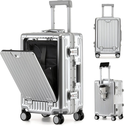 20 Inch Aluminium Frame Carry On 22x14x9 Airline Approved With compartment, Zipperless Hard Shell Travel Suitcase with TSA Approved Cup Holder USB Port Holder for Women Men,Grey